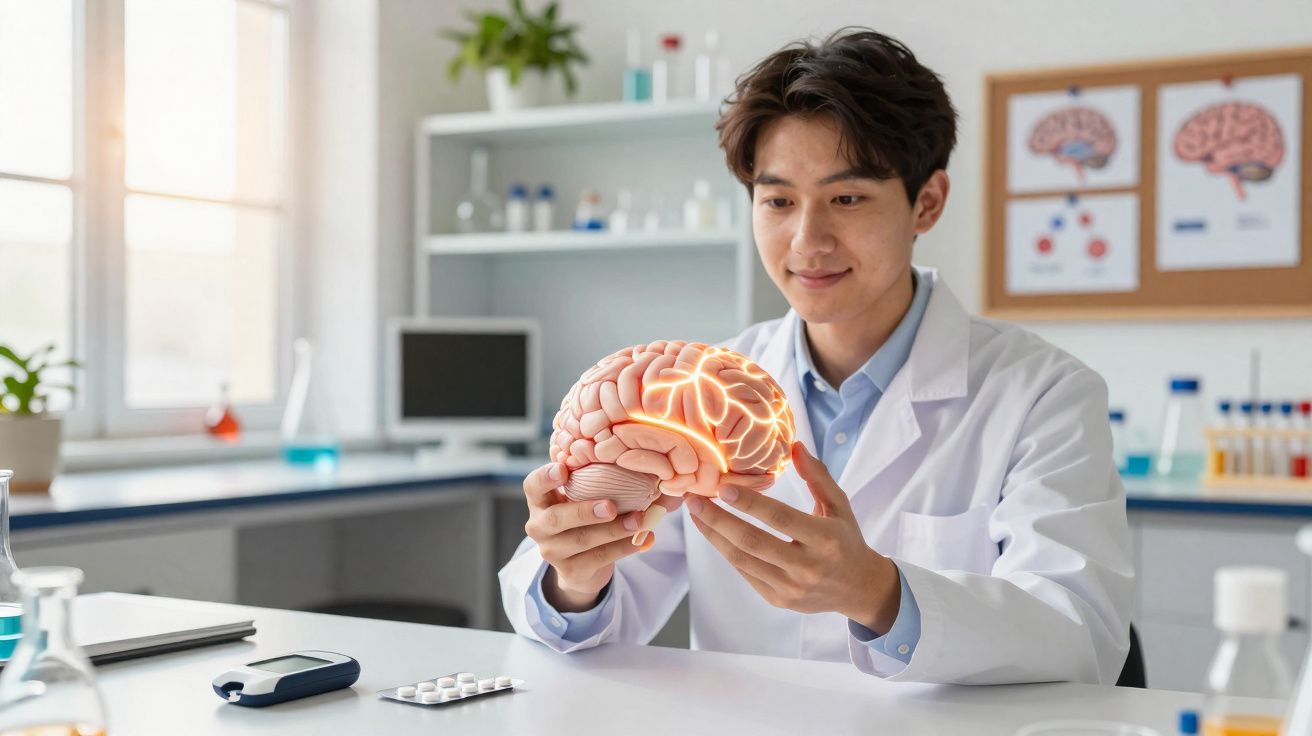 Cientista analisando modelo do cérebro humano com destaque em laboratório moderno e iluminado.
