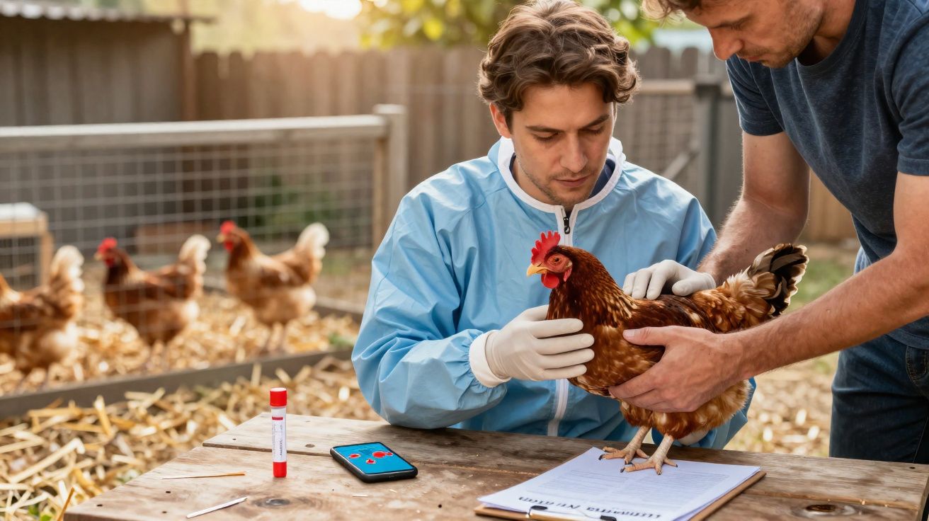 Dois homens examinando uma galinha em um ambiente de criação ao ar livre, com outras galinhas ao fundo.