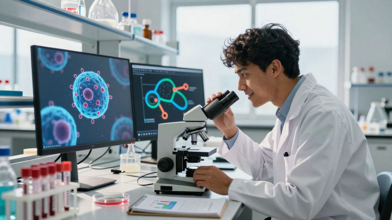 Cientista em laboratório observando através de microscópio com imagens de células em telas ao fundo.
