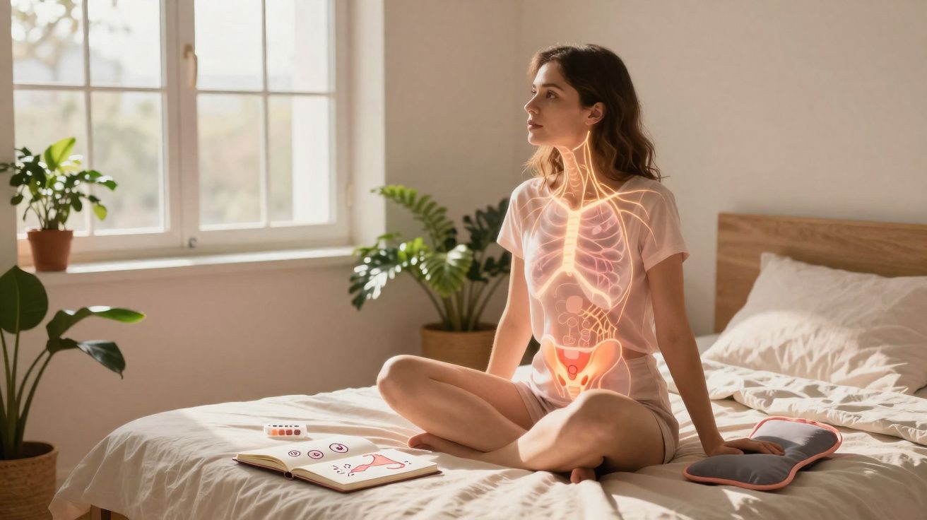 Mulher sentada em cama iluminada por janela com ilustração digital do sistema respiratório e digestivo.