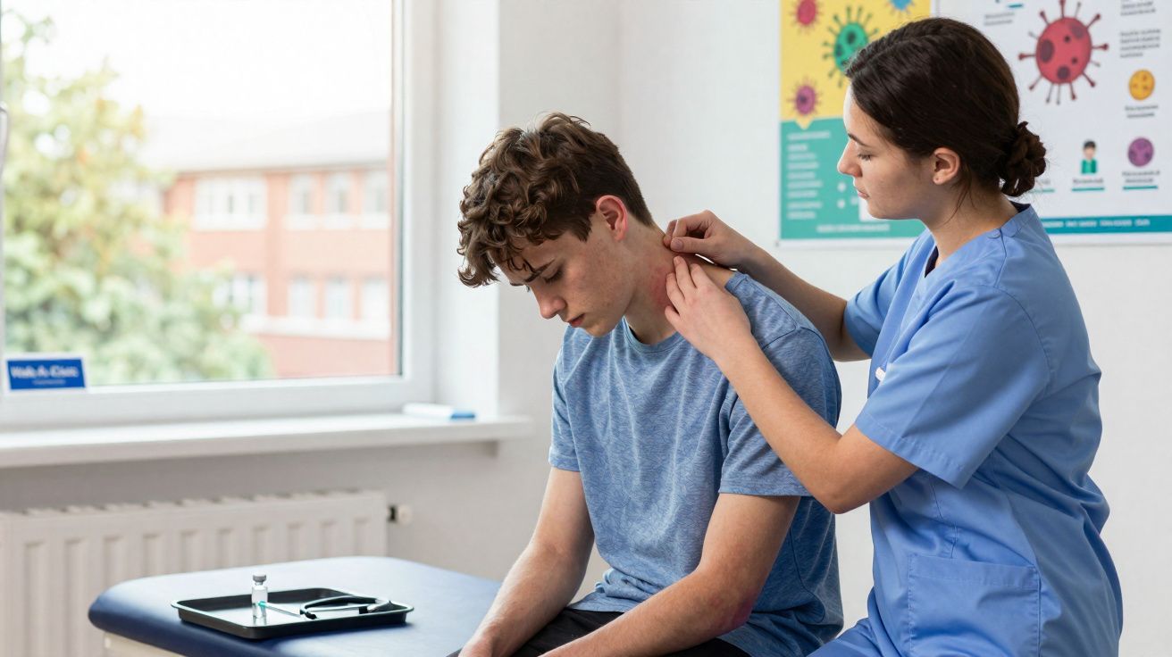Médica examinando pescoço de paciente sentado em consultório com pôster educativo no fundo.