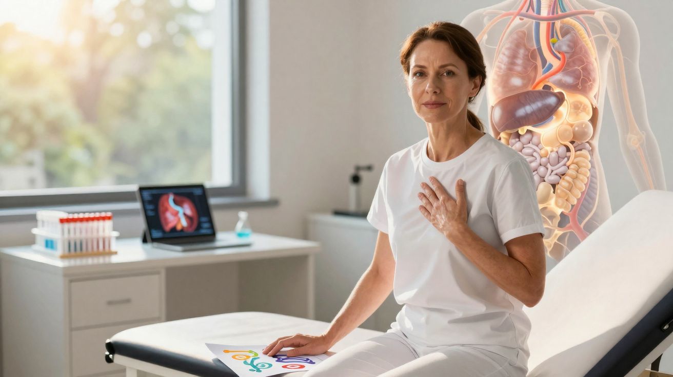 Mulher em consulta médica sentada na maca com mão no peito, fundo com ilustração do sistema digestivo.