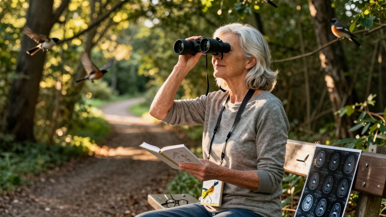 Mulher idosa observa pássaros com binóculo em parque, segurando livro de observação de aves.