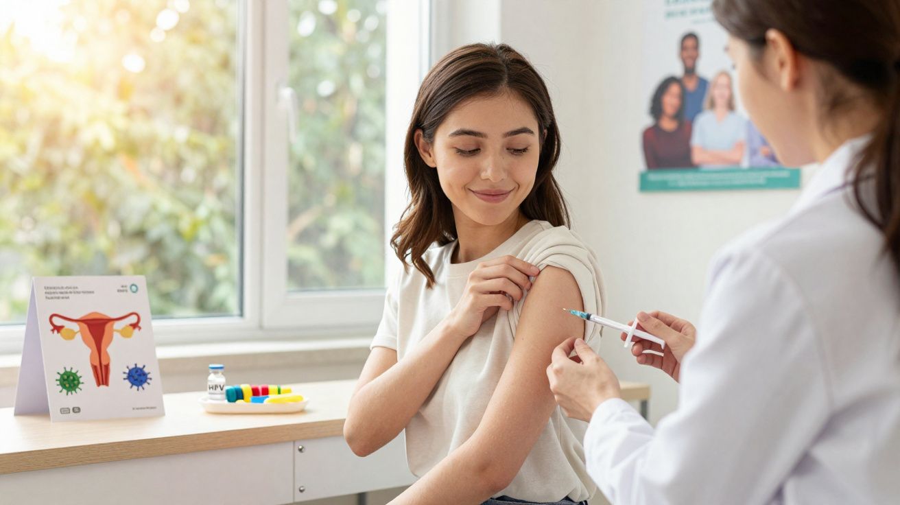 Jovem recebe vacina no braço de profissional de saúde em clínica com pôster de HPV ao fundo.