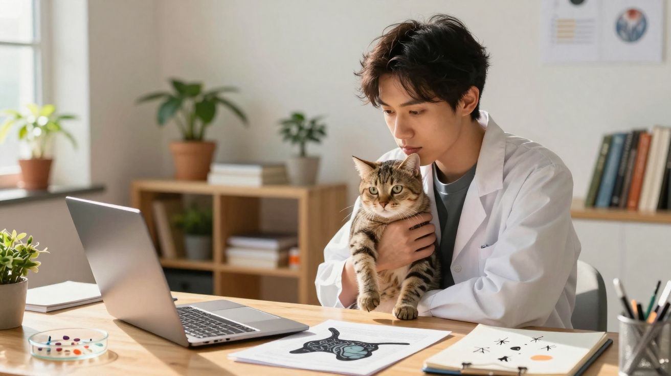 Veterinário jovem segurando gato em consultório enquanto olha para o notebook em mesa de trabalho organizada.