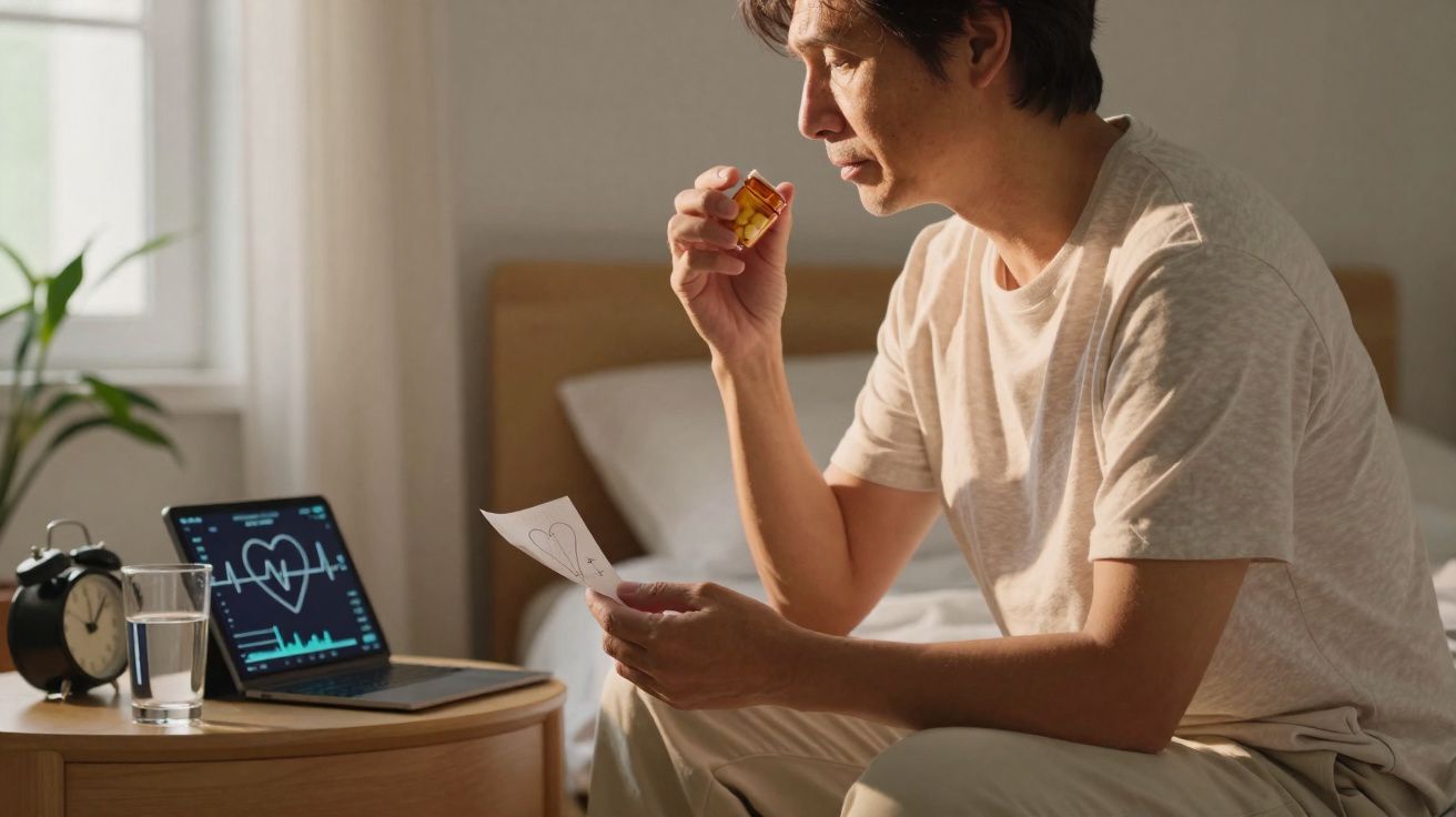 Homem sentado na cama segurando remédio e exame de coração, ao lado mesa com copo d’água e laptop.