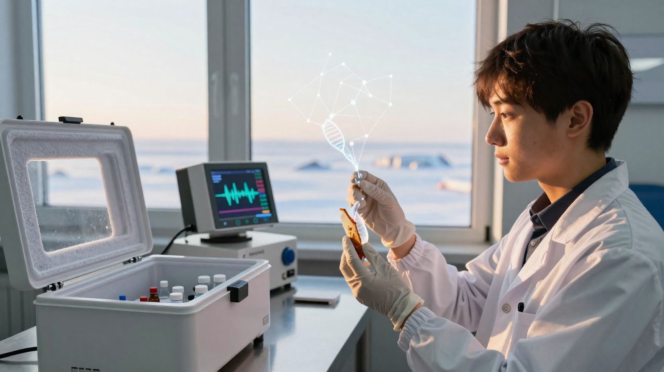 Pesquisador em laboratório segurando amostra com ilustração digital de cadeia de DNA flutuante.