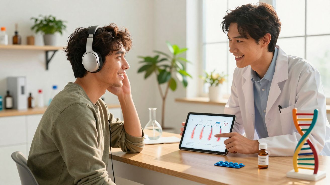 Paciente usando fones de ouvido consulta médico que mostra gráfico em tablet em consultório iluminado.