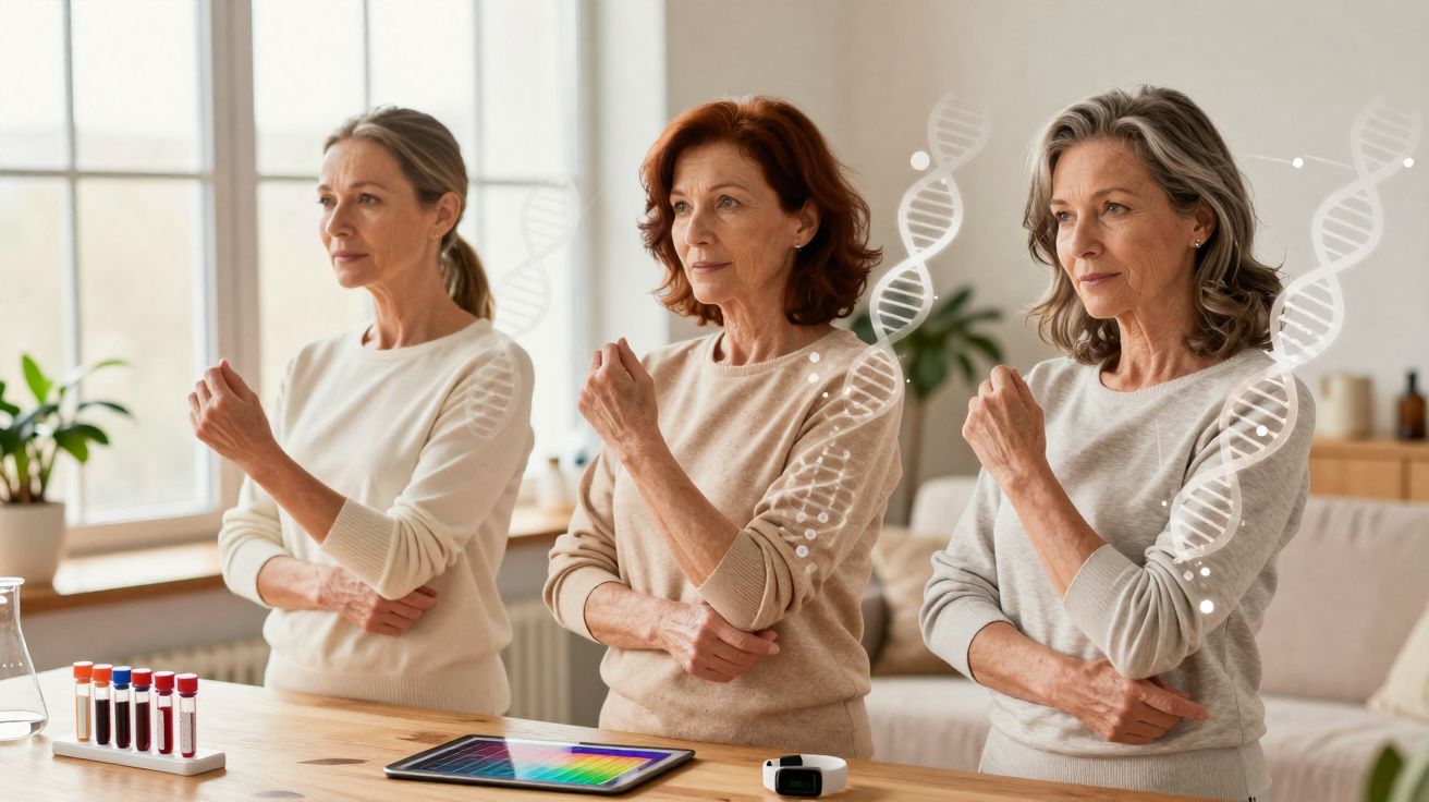 Três mulheres maduras em pé com representações de DNA ao lado, em ambiente iluminado com janela e bancada.