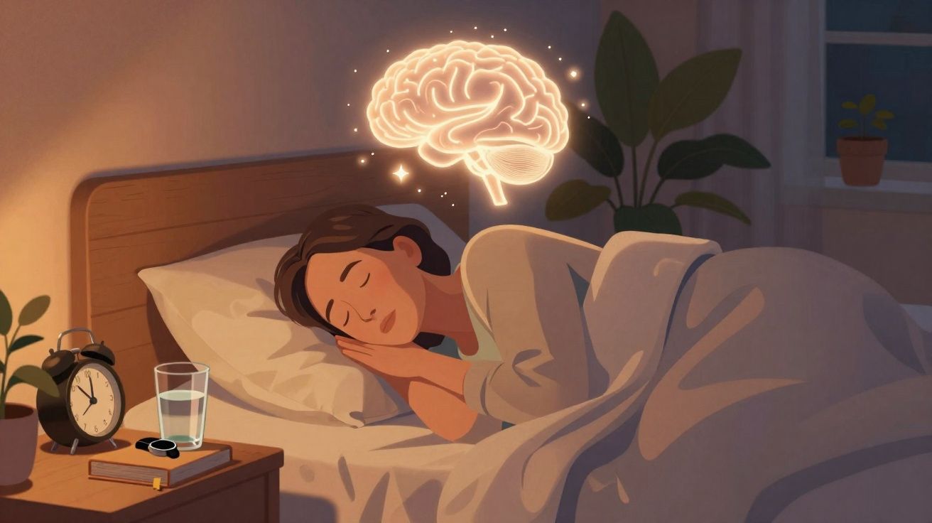 Mulher dormindo na cama com ilustração de cérebro brilhante acima da cabeça representando sono e memória.
