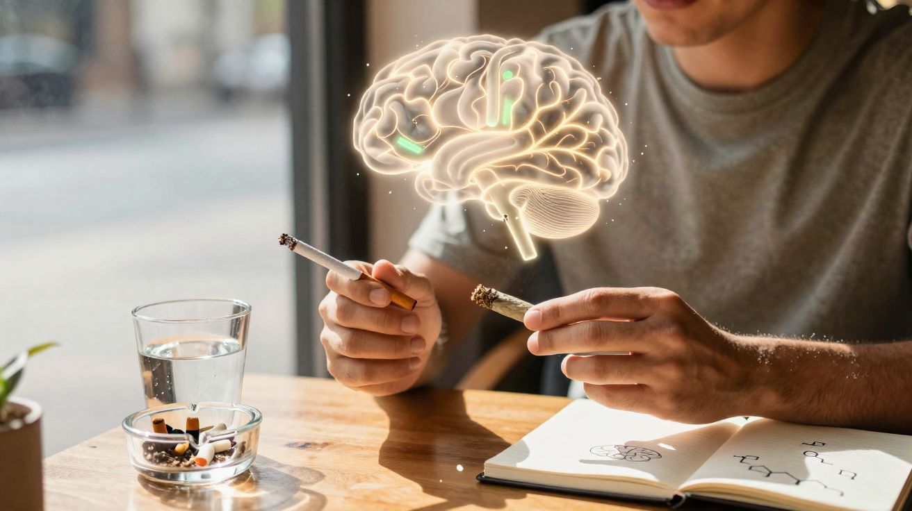 Pessoa fumando com ilustração digital de cérebro indicando efeitos no cérebro, ao lado de copo d'água e cinzeiro.