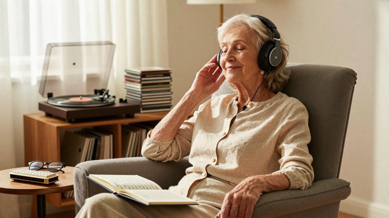 Mulher idosa sentada em poltrona ouvindo música com fones, livro aberto no colo e toca-discos ao fundo.