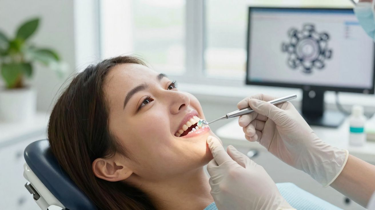 Paciente sorridente recebendo exame dentário de dentista usando luvas e instrumentos em consultório moderno.