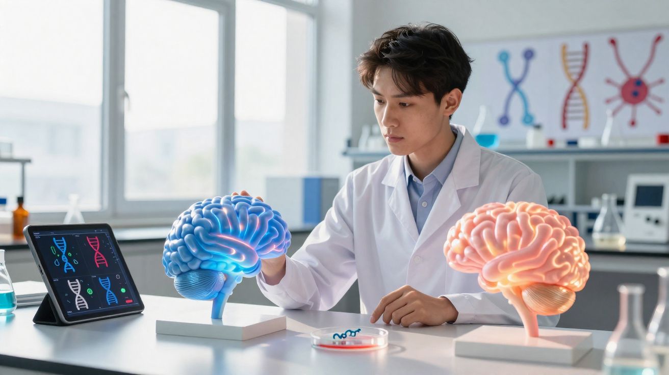 Cientista jovem em laboratório observando modelos digitais iluminados de cérebros na mesa.