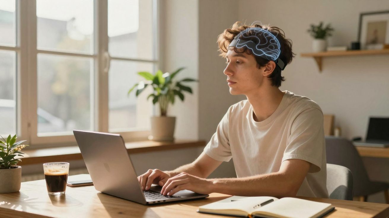 Jovem sentado à mesa usando notebook com ilustração de cérebro acima da cabeça em ambiente iluminado.