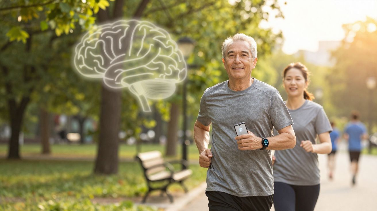 Homem idoso correndo no parque com mulher atrás e ilustração de cérebro ao lado, simbolizando saúde mental.