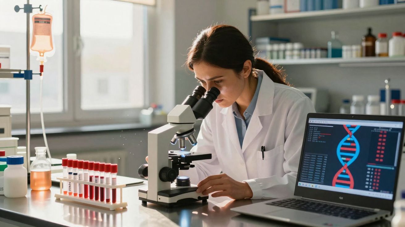 Mulher cientista observa amostra no microscópio em laboratório com computador mostrando DNA ao lado.