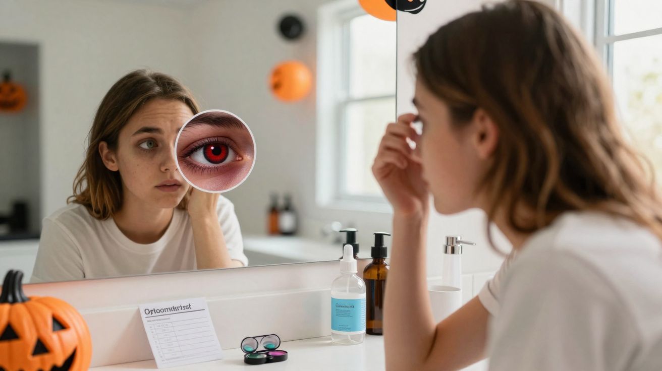 Mulher olhando para espelho de banheiro com olho irritado destacado em close-up.