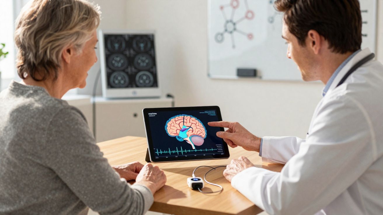 Médico explica a paciente mais velha sobre cérebro usando tablet em consulta no consultório.