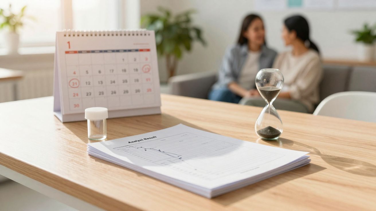 Mesa com calendário, ampulheta, papéis e duas pessoas conversando ao fundo em ambiente iluminado.