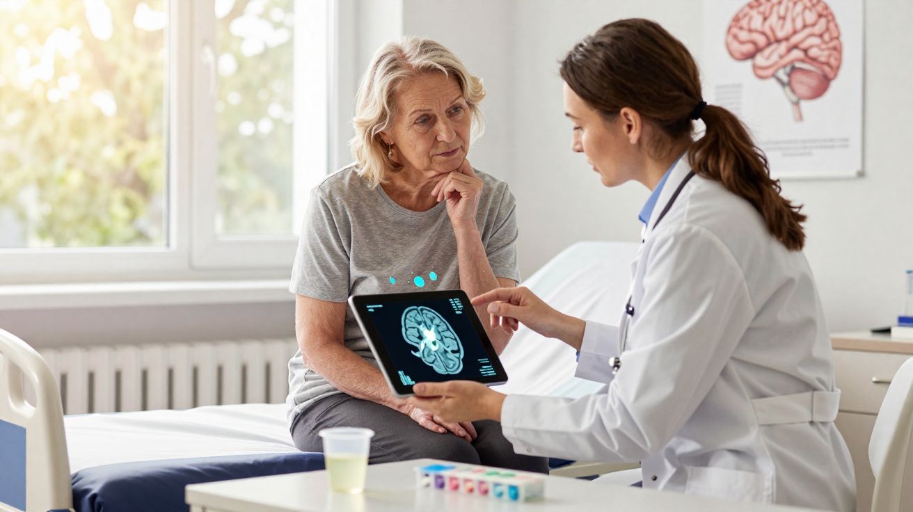 Médica mostra exame cerebral em tablet para idosa sentada à beira de cama em consultório iluminado.