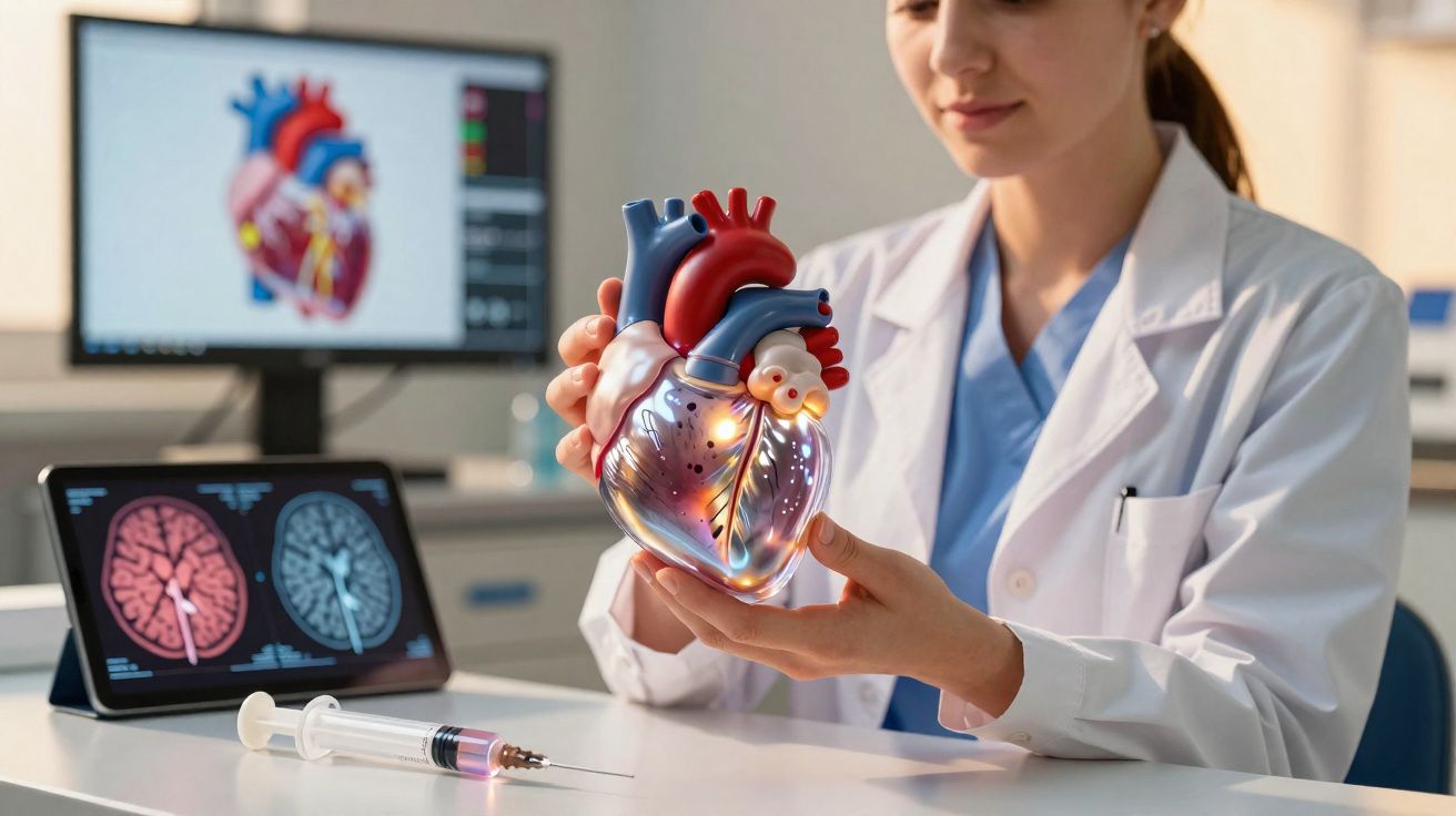 Mulher cientista segura modelo anatômico de coração em laboratório com telas e seringa na mesa.