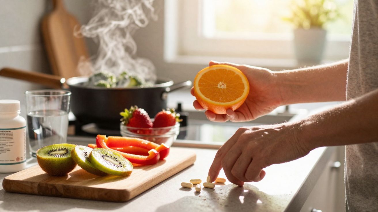 Pessoa segurando metade de uma laranja, com frutas, legumes e comprimidos em bancada de cozinha iluminada.