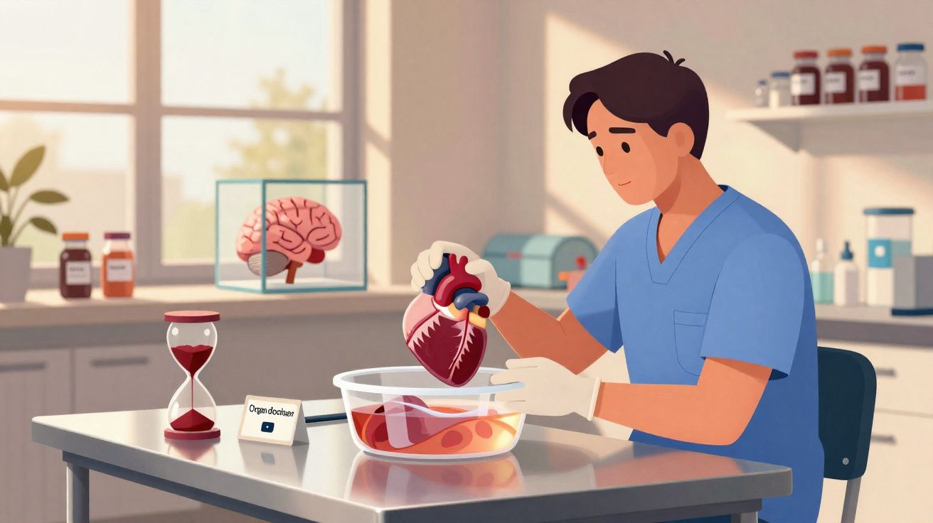 Profissional de saúde em laboratório examinando um coração artificial em recipiente com líquidos.