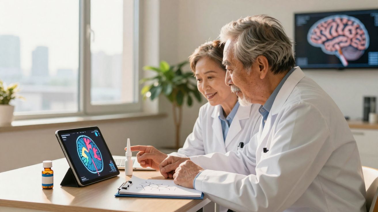 Dois médicos idosos analisando imagens coloridas do cérebro em um tablet em escritório clínico iluminado.