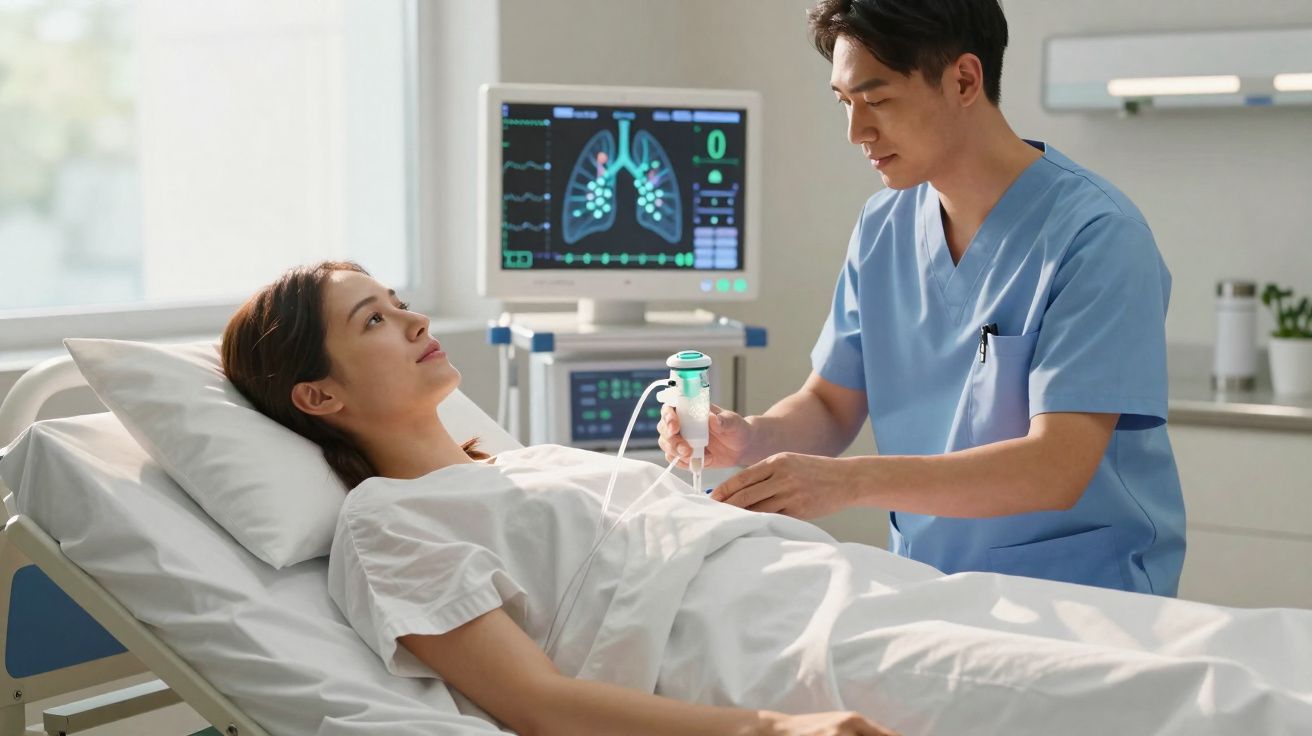 Paciente feminina deitada em leito hospitalar com profissional de saúde ao lado e monitor cardíaco ao fundo.