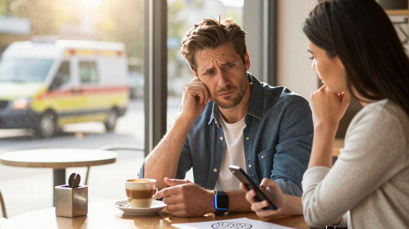 Homem preocupado olha celular enquanto conversa com mulher em cafeteria com ambulância estacionada do lado de fora.