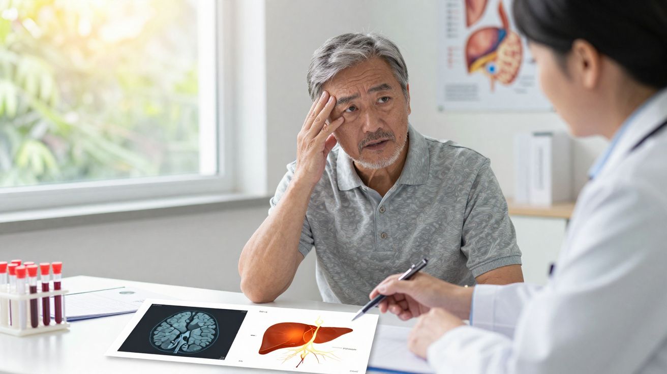 Homem idoso preocupado consulta médico sobre exame de fígado e cérebro em clínica.
