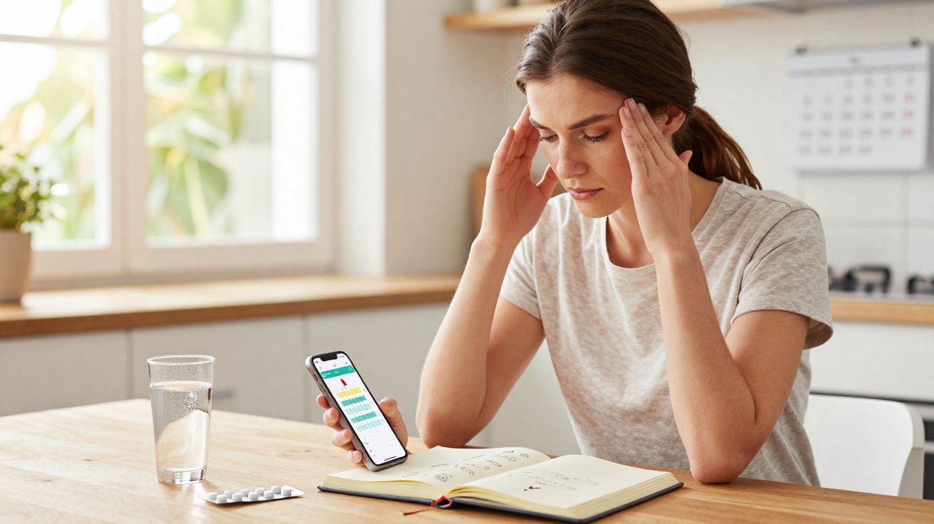 Mulher sentada à mesa, com expressão de preocupação, segurando celular e olhando para agenda aberta.