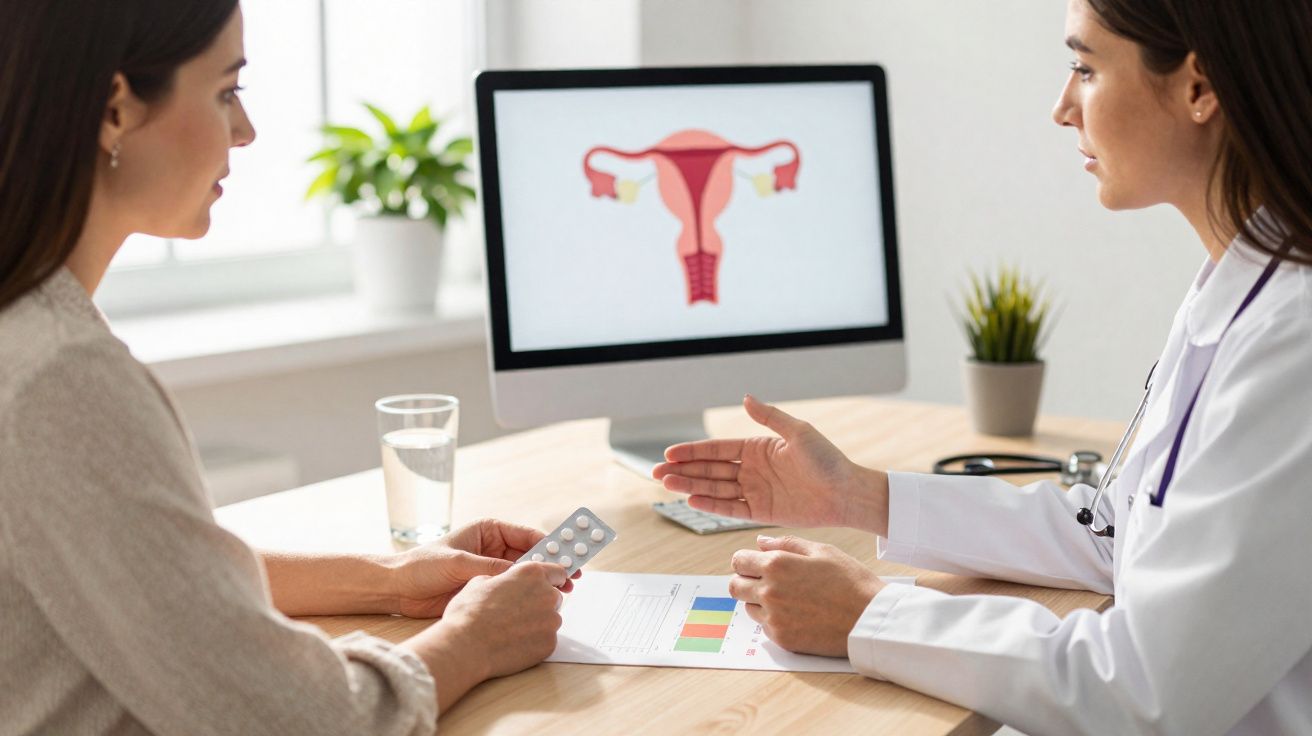 Mulher paciente consulta ginecológica com médica, discutindo contraceptivos e saúde uterina no consultório.