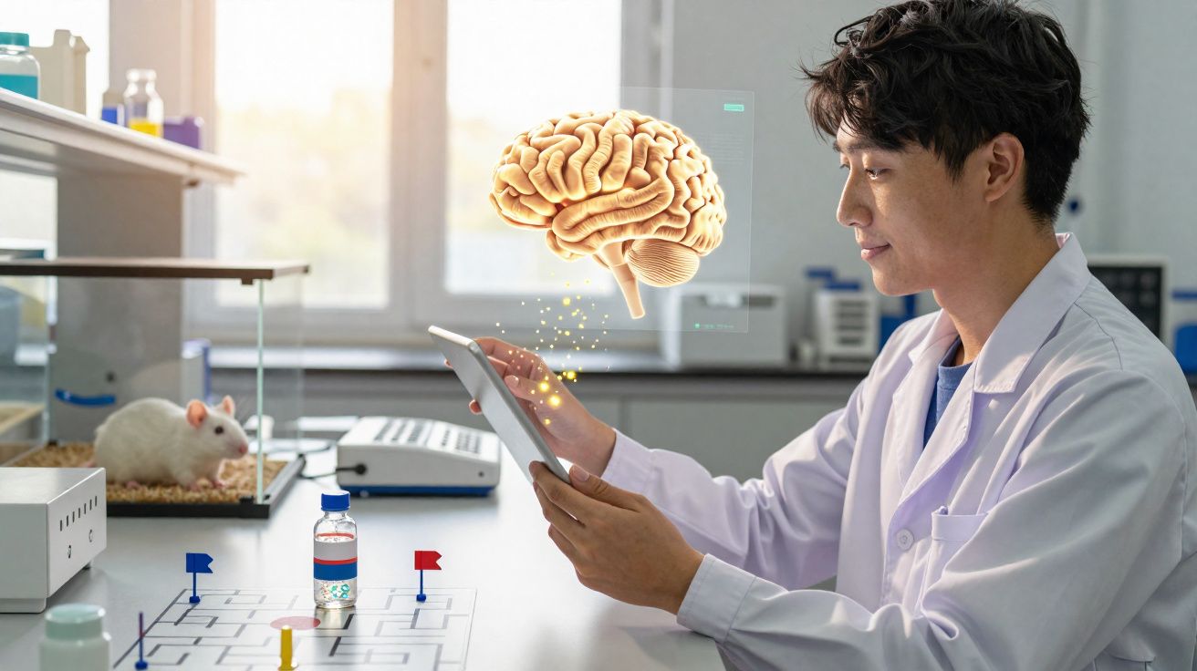 Pesquisador em laboratório segurando tablet com imagem holográfica de cérebro e rato em gaiola ao fundo.
