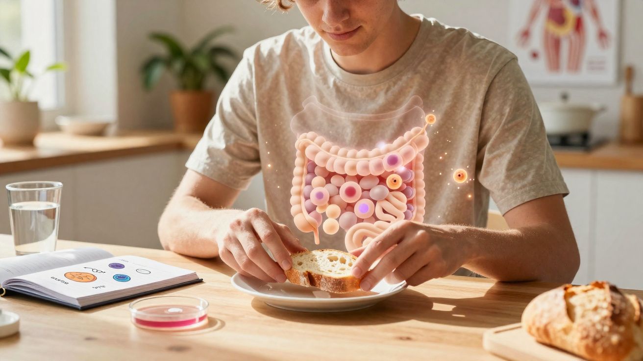 Homem sentado à mesa com pão, sobreposto por ilustração digital do sistema digestivo intestinal.