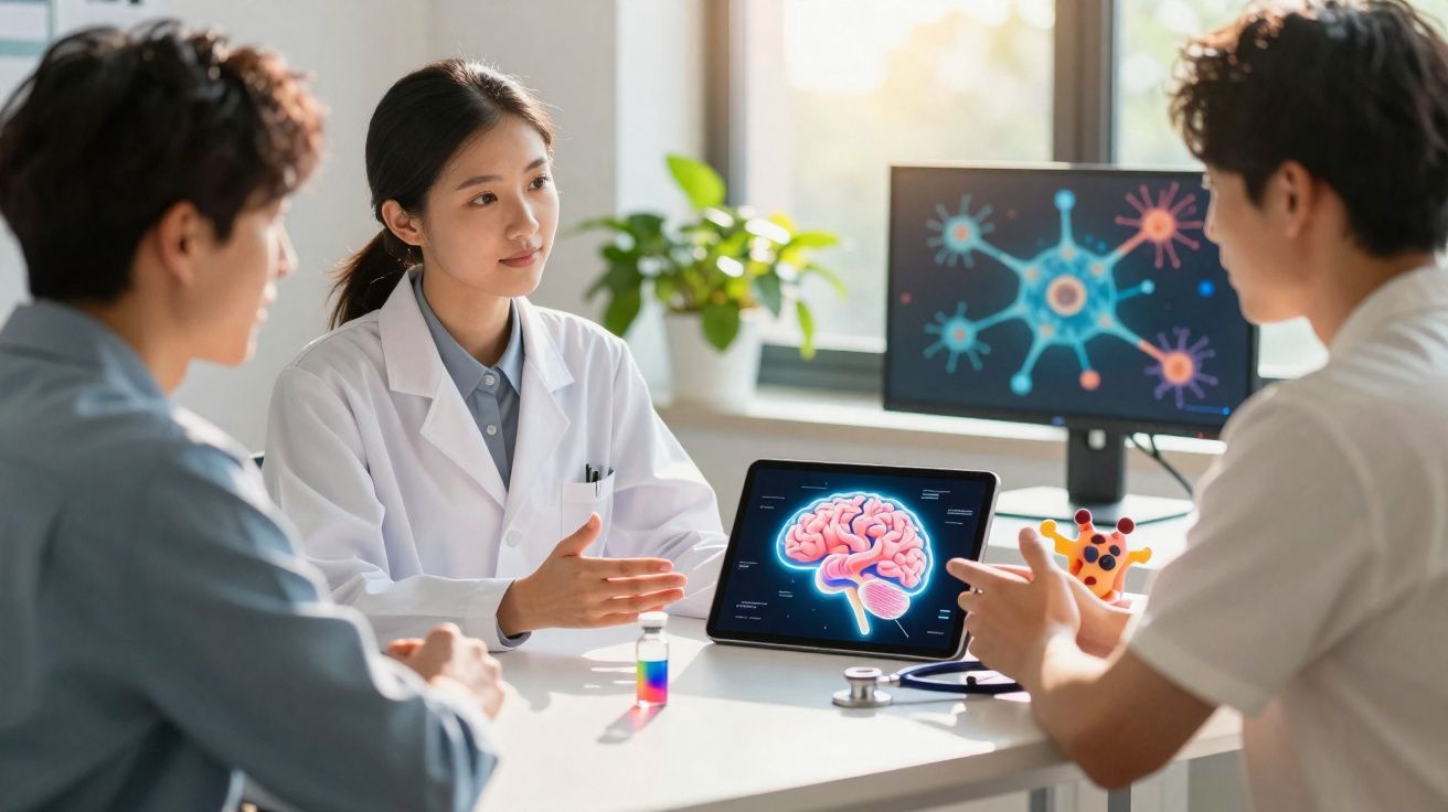 Médica explicando cérebro e neurônios para dois pacientes em consultório com imagens em tela digital.