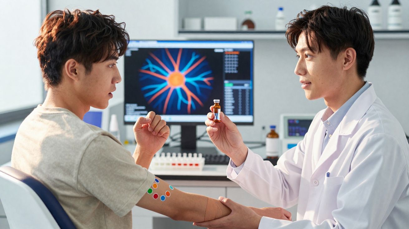 Médico mostrando frasco de medicamento para paciente com adesivos coloridos no braço em consultório.