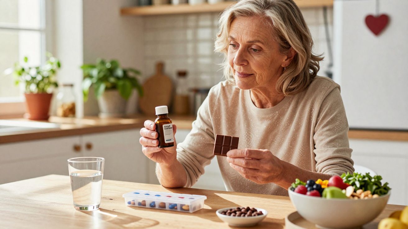 Mulher segurando frasco de suplemento e pedaço de chocolate em cozinha iluminada.