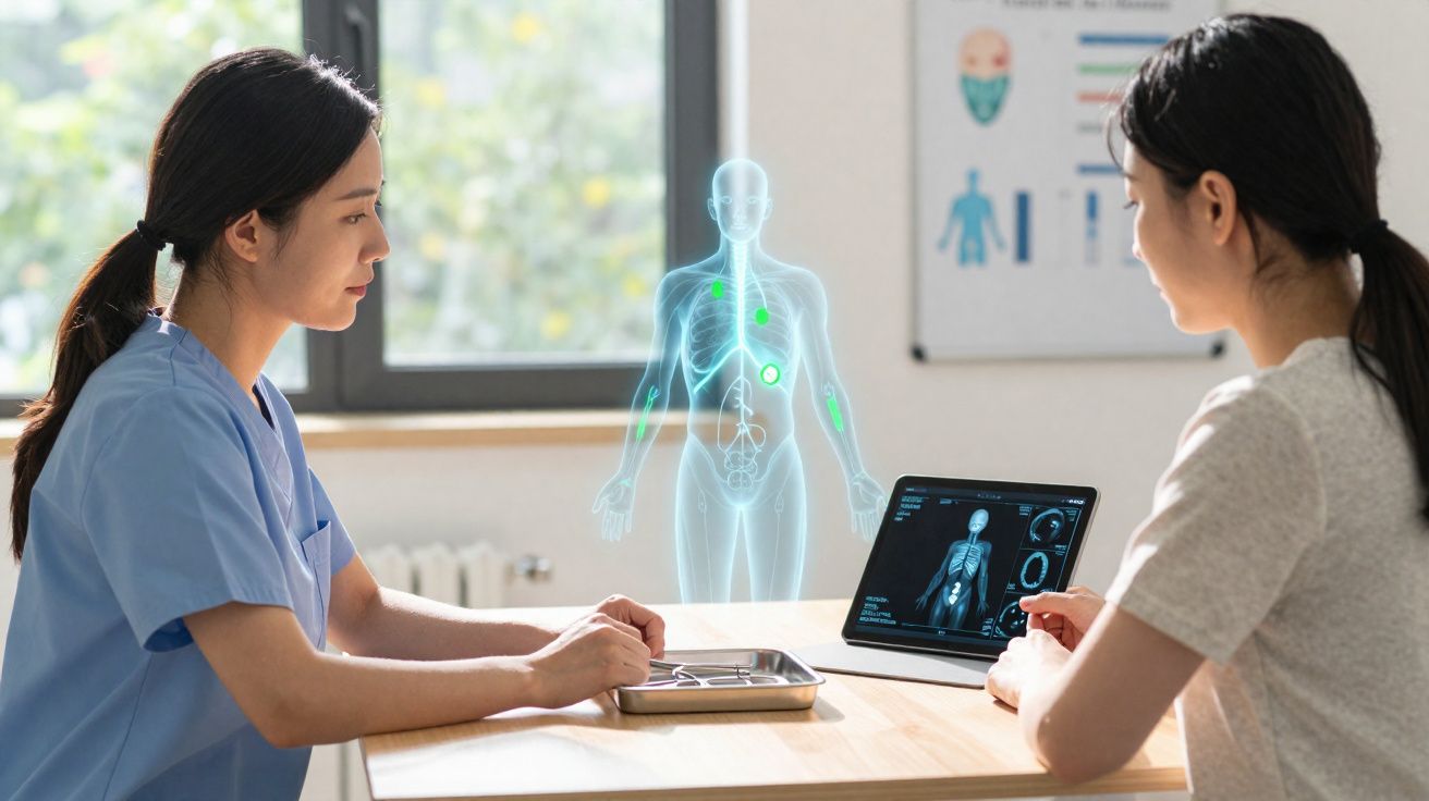 Médica e paciente analisam imagem holográfica e exame digital do corpo humano em consultório clínico.