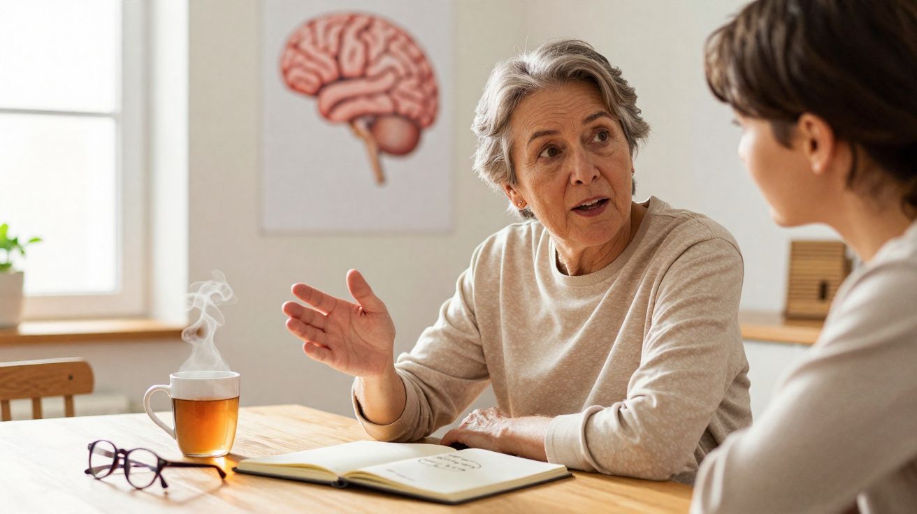 Duas mulheres conversando à mesa com caderno aberto, chá quente e pôster de cérebro ao fundo.