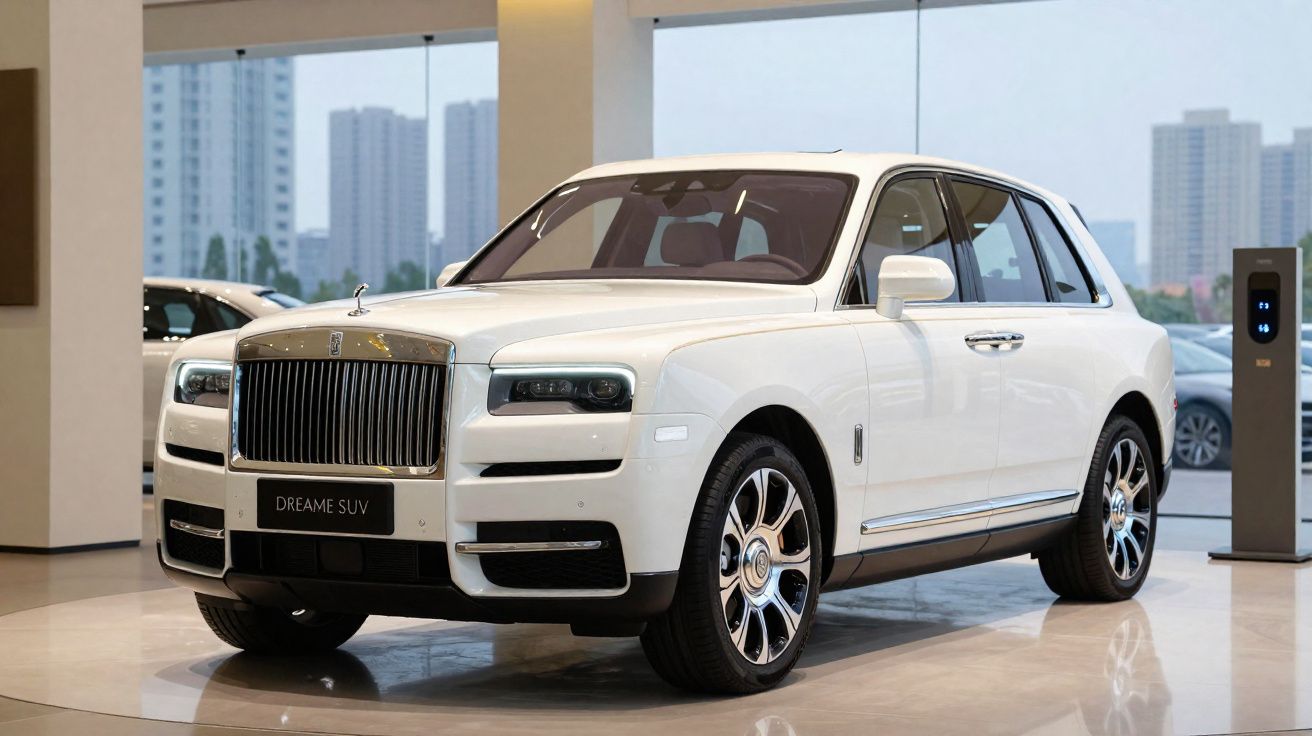 SUV de luxo branco Rolls-Royce Dreame exposto em showroom moderno com prédios ao fundo.