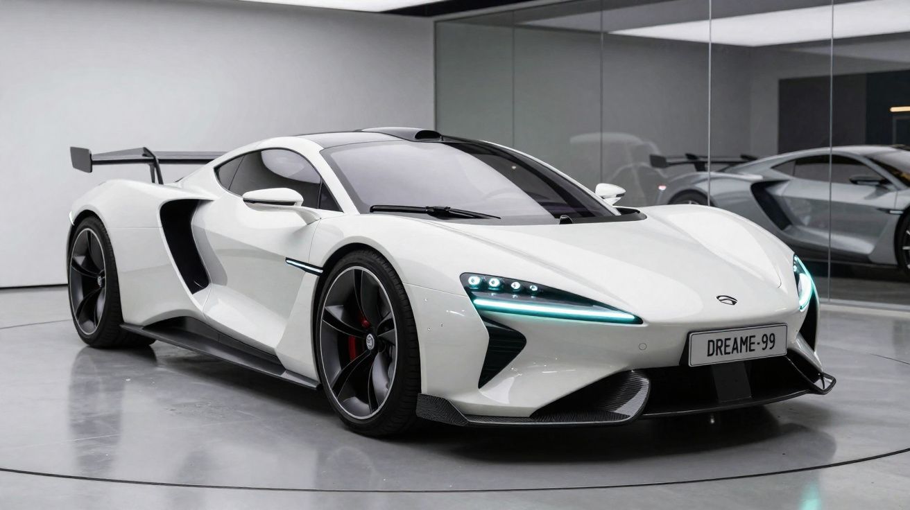 Carro esportivo branco com design aerodinâmico e faróis LED em ambiente moderno com paredes espelhadas.