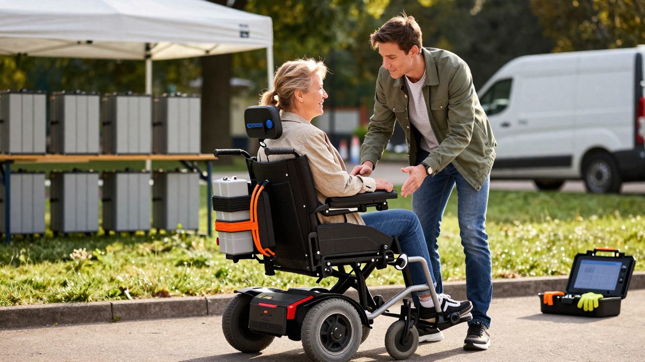 Homem jovem cumprimenta mulher idosa em cadeira de rodas elétrica ao ar livre em dia ensolarado.
