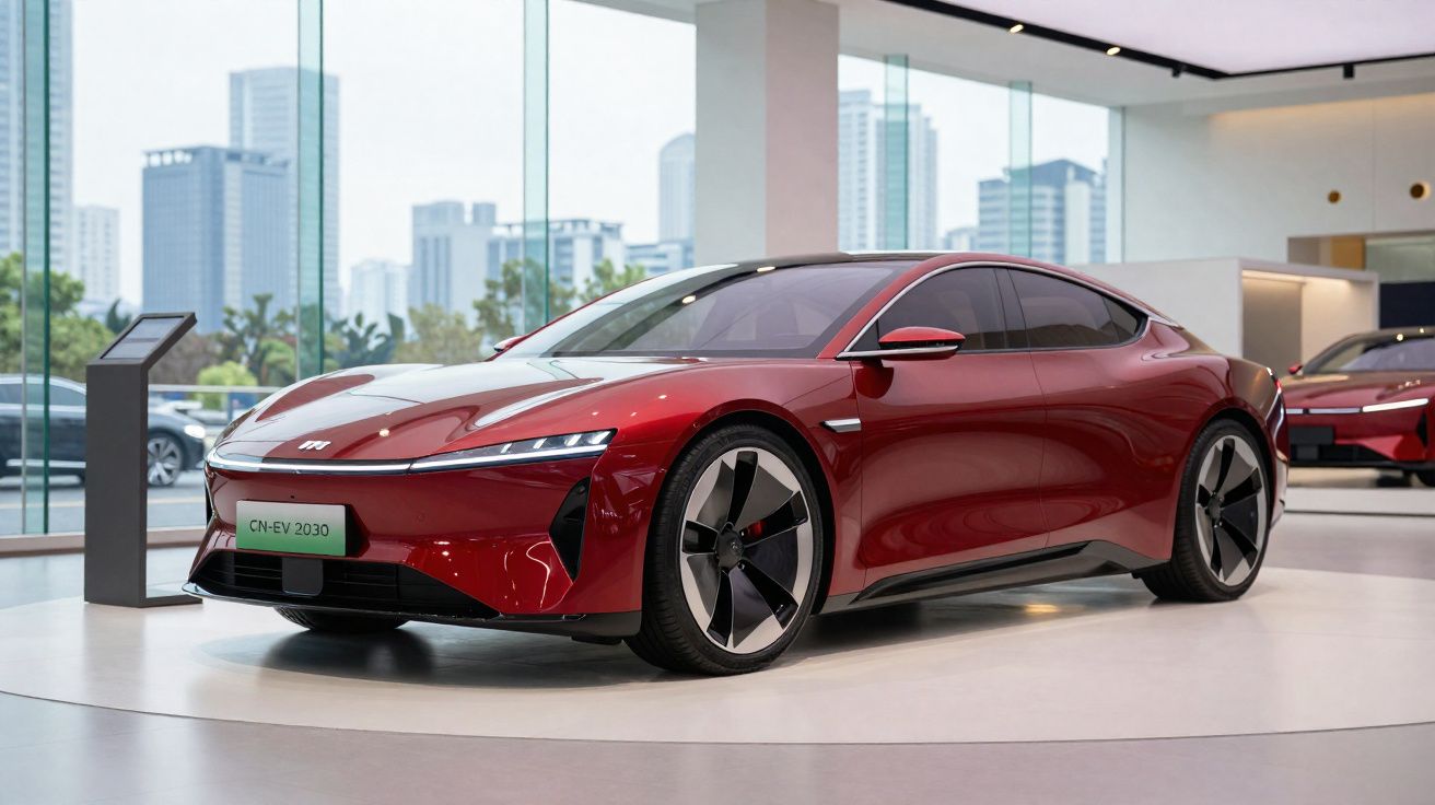 Carro elétrico esportivo vermelho CN-EV 2030 exibido em showroom moderno com janelas grandes.