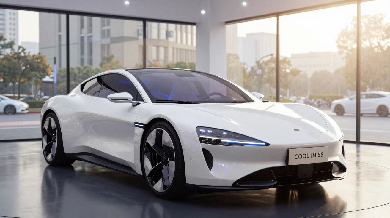 Carro esportivo elétrico branco em exposição interna com iluminação natural e refletida no chão.