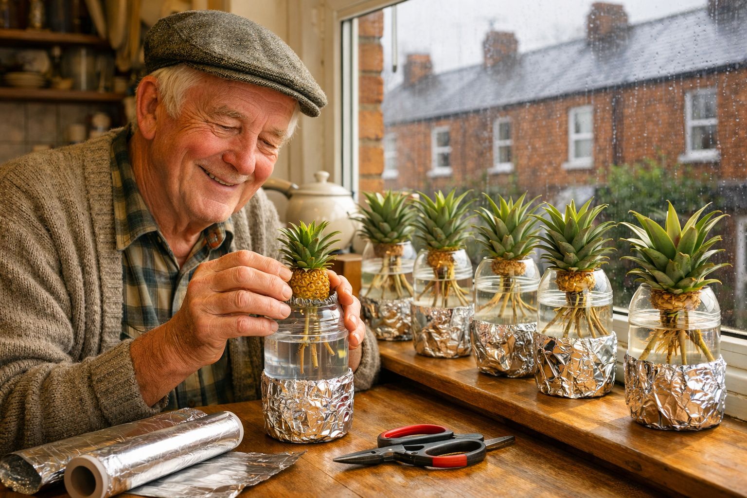 Idoso sorridente cuidando de mini abacaxis em garrafas de vidro perto da janela em dia chuvoso.