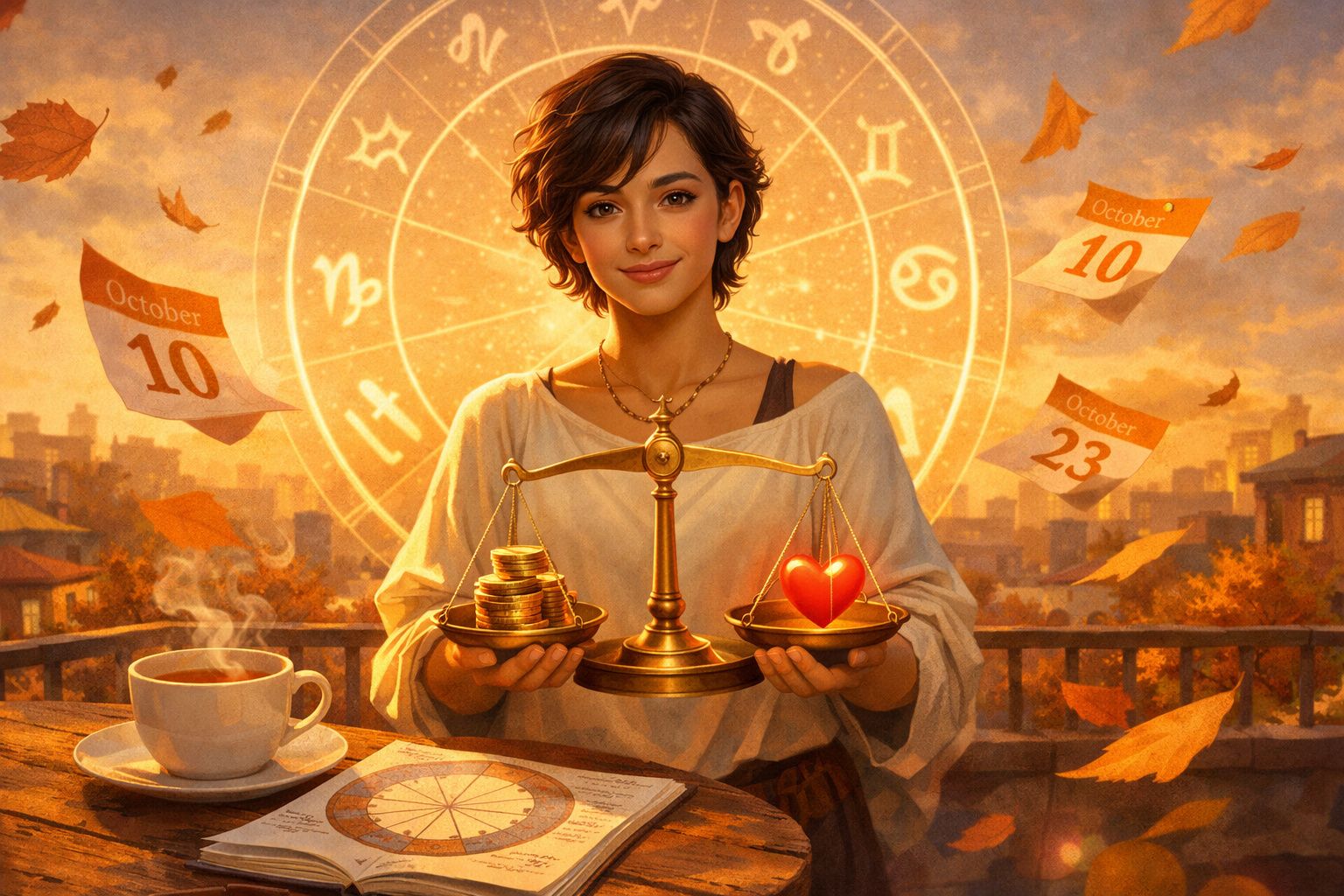 Jovem segurando balança com moedas e coração, símbolo de Libra e signos do zodíaco ao fundo.