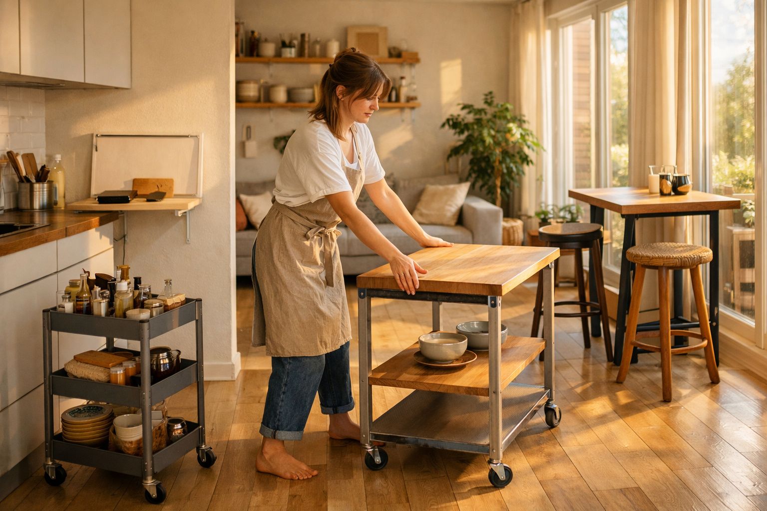 Mulher movimenta carrinho de madeira em cozinha iluminada com móveis e plantas ao fundo.