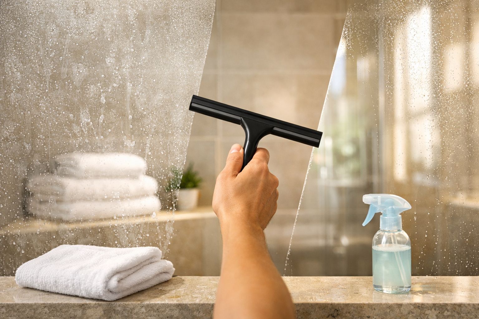 Mão usando rodo para limpar vidro de banheiro com toalhas e borrifador ao fundo.